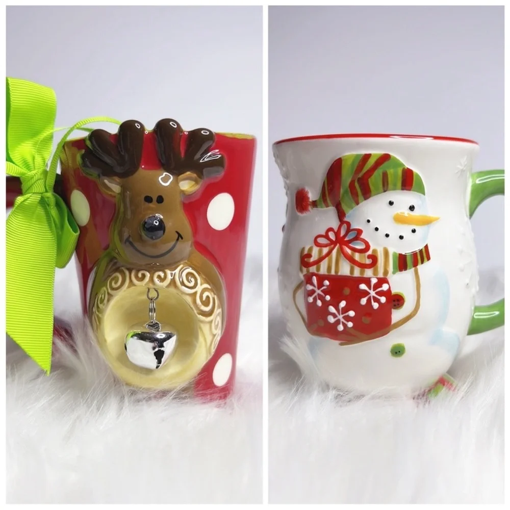 Bundle Pier 1 Mugs 3D Reindeer Jingle Bell Polka Dot &‎ Gift Giving Snowman